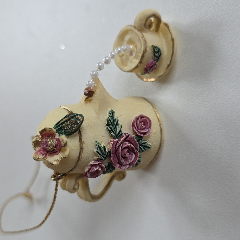 Christmas Ornament - Floral Cream Teapot With Beads To Teacup